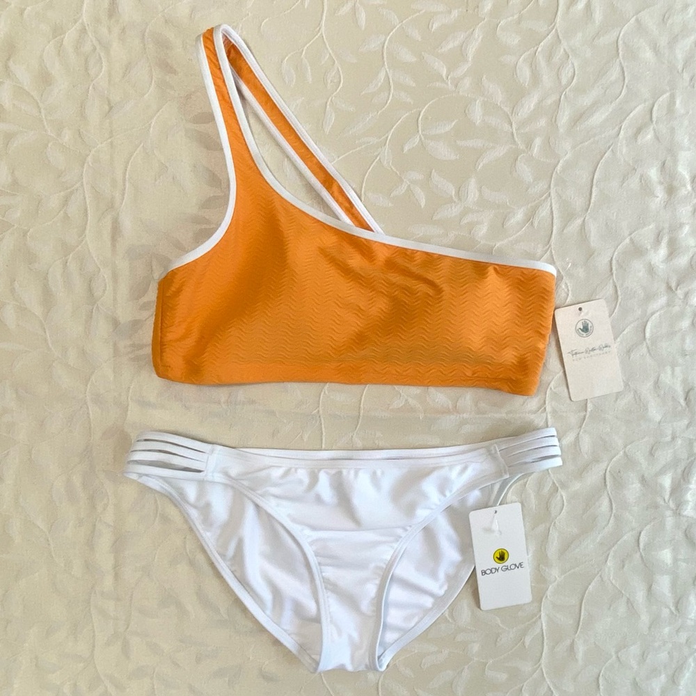 🆕 Body Glove Swimsuit Womens XL Yellow White One Shoulder Two Piece Bathing NWT